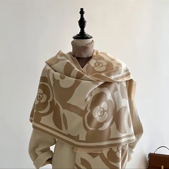 Elegant Camellia Black & White Scarf - Boho Chic, Large Square Shawl for Women - Picture 3 of 3